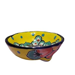 Talavera Art Pottery Bowl Trinket Dish~Blue Yellow Blue Floral Design